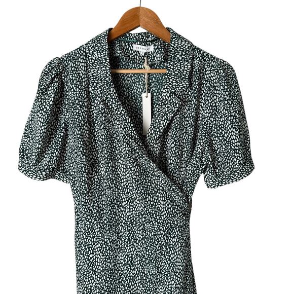 NWT Crescent Collared Wrap Midi Dress Short‎ Puff Sleeves in Green White, Medium - Picture 2 of 13